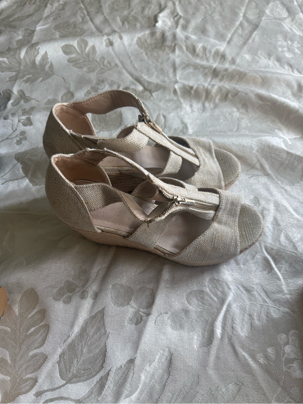 A New Day Beige Linen Espadrille Wedge Sandals (Size 9)